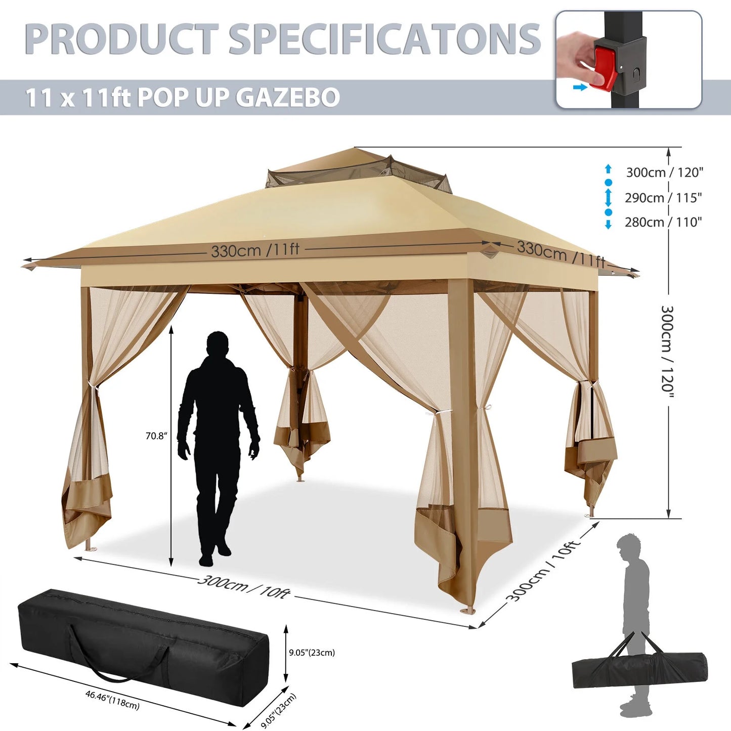 COBIZI 11x11 Pop up Gazebo Outdoor Canopy Gazebo Patio Gazebo with Mosquito Netting Canopy Shelter with 121 Square feet of Shade for Poolside, Garden, Party and Backyard, Khaki