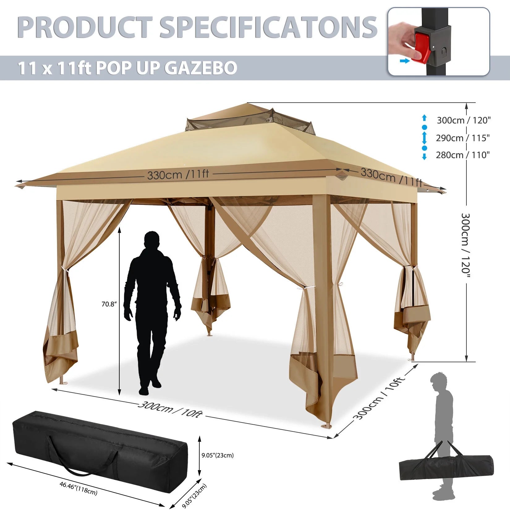 COBIZI 11x11 Pop up Gazebo Outdoor Canopy Gazebo Patio Gazebo with Mosquito Netting Canopy Shelter with 121 Square feet of Shade for Poolside, Garden, Party and Backyard, Khaki