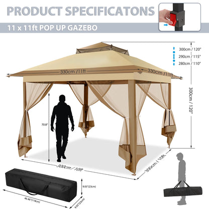 COBIZI 11x11 Pop up Gazebo Outdoor Canopy Gazebo Patio Gazebo with Mosquito Netting Canopy Shelter with 121 Square feet of Shade for Poolside, Garden, Party and Backyard, Khaki