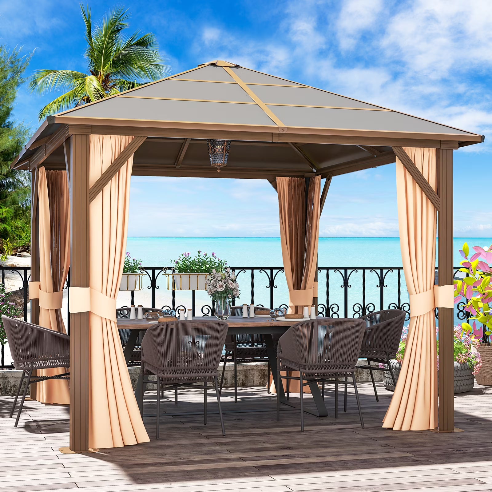 Sunmthink 10x10 Outdoor Hardtop Gazebo, Polycarbonate Single Roof Patio Canopy with Curtains and Netting, Brown