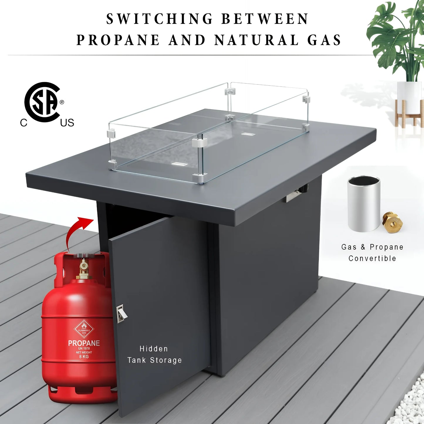 RADIATA 43" Aluminum Propane Fire Pit Table, 60,000 BTU Outdoor Gas Firepit, Rectangle CSA-Certified Patio Fireplace with Wind Guard & Glass Rocks, Rust-Proof Dark Gray Fire Table for Deck Poolside