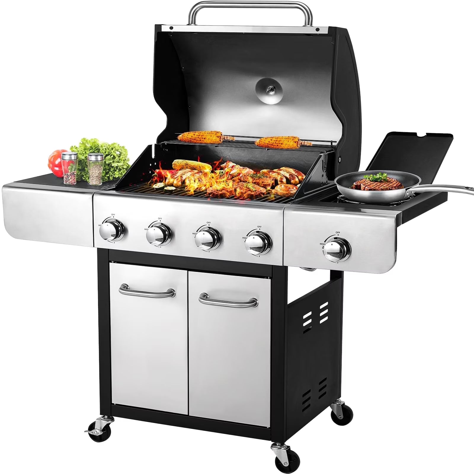 Pirecart 4 Burner Propane Gas Grill Stainless Steel BBQ Grill with 12,000 BTU Side Burner for Outdoor Cooking Kitchen and Patio Backyard Barbecue