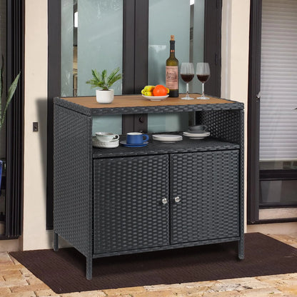 Litake Outdoor Wicker Storage Cabinet All Weather Resin Patio Bar Table, Black and Brown