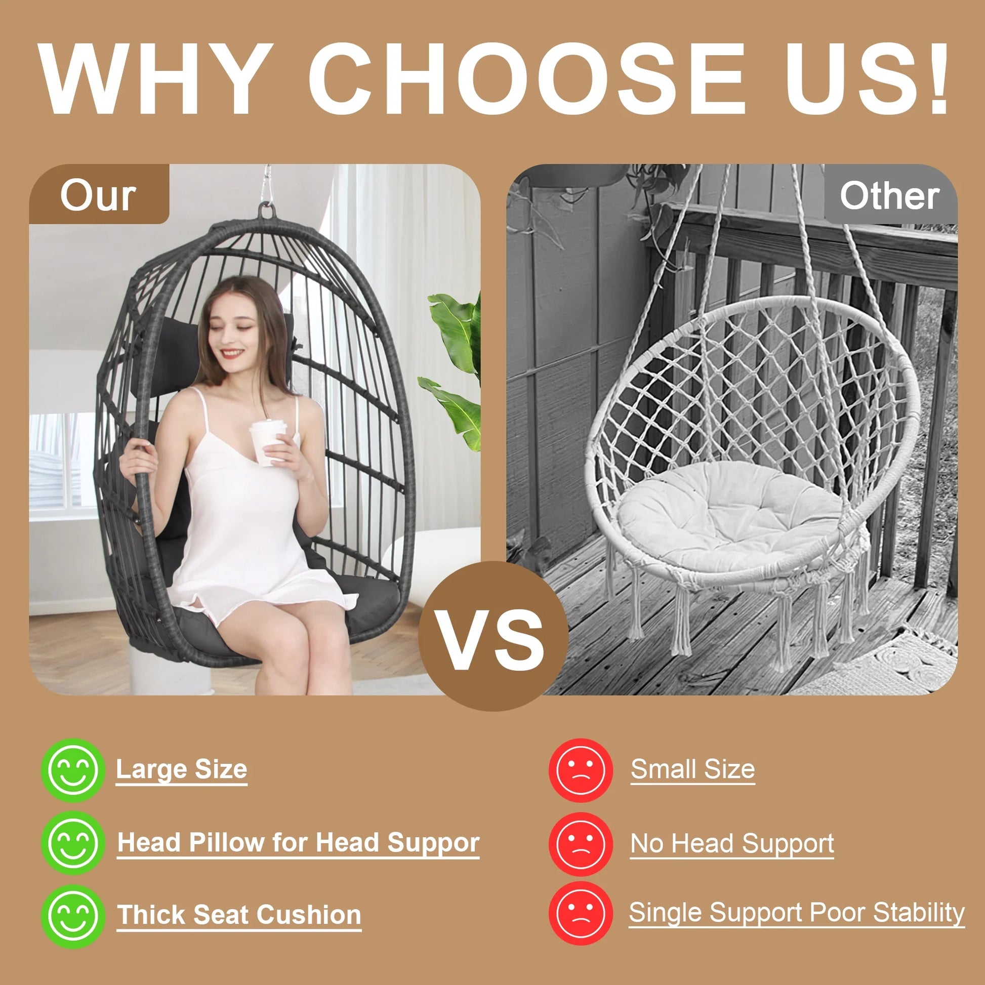RADIATA Hanging Egg Chair Without Stand, Dark Gray Wicker Swing Egg Chair with Cushion, 350 lbs Capacity, Indoor Outdoor Ceiling or Tree Hanging Chair for Patio, Bedroom, Porch