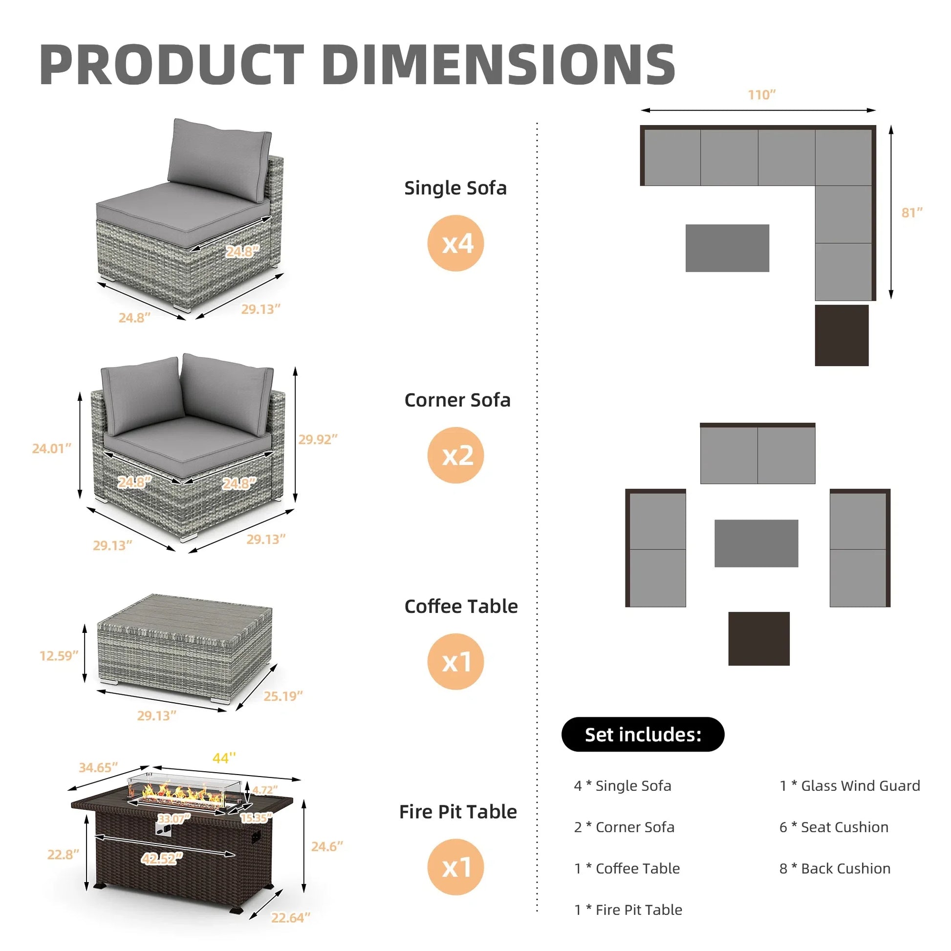 HOMREST 7 Pieces Outdoor Patio Furniture Set with 44" Propane Fire Pit Table, PE Rattan Sectional Sofa Conversation Set w/Adjustable Bracket,Wood Coffee Table for BackyardGrey