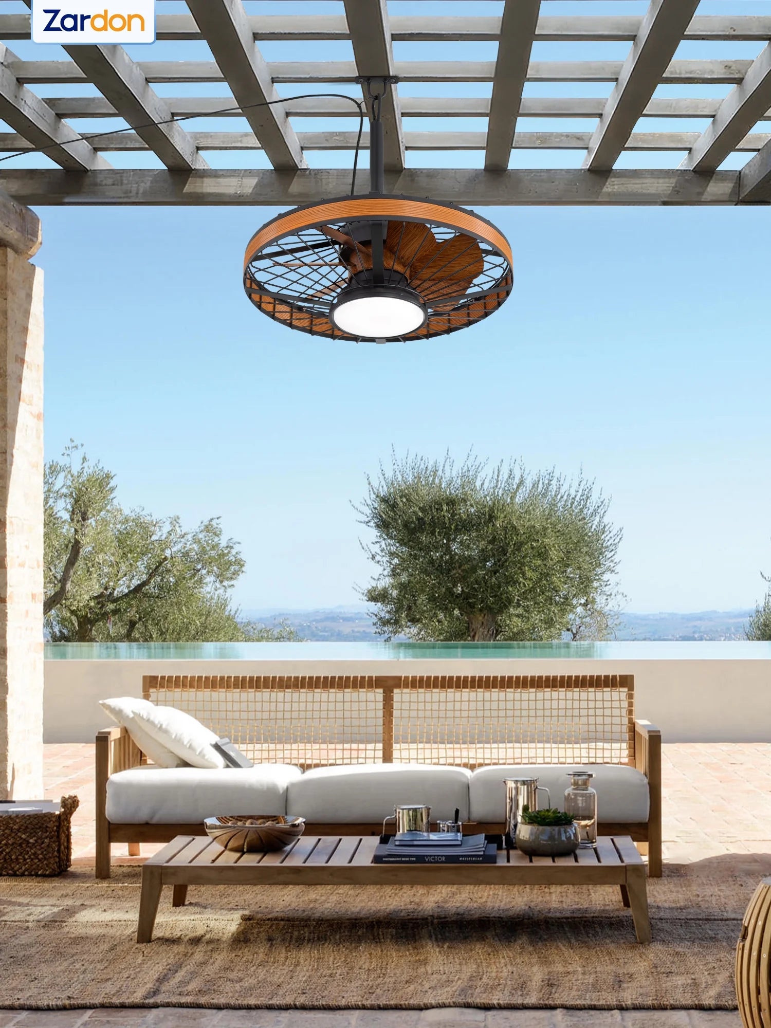 Zardon 20" Outdoor Ceiling Fan with Light and Remote, 7 Blades Caged Waterproof Gazebo Fan for Patio, Porch, Pergola Canopy, App Control