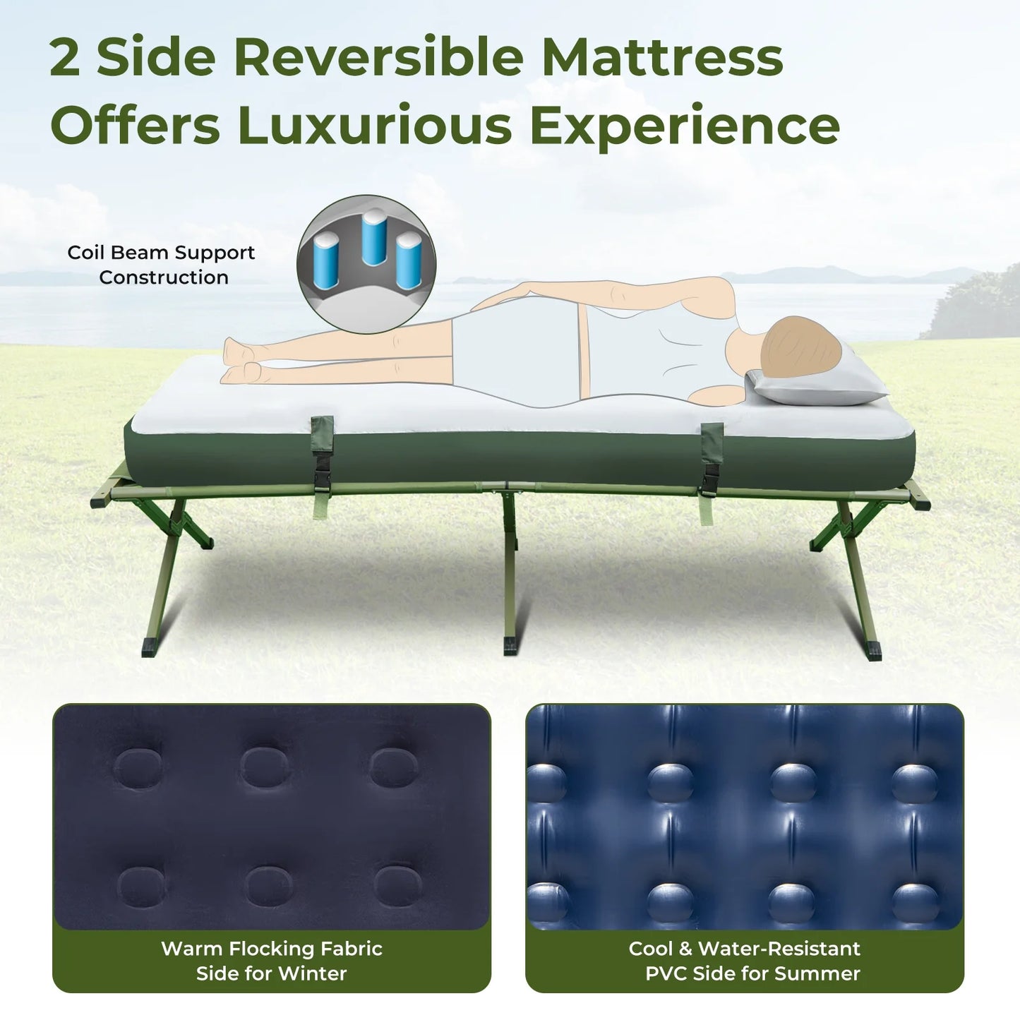 Patiojoy Folding 2-Person Camping Tent Cot Portable Pop-Up Tent with Sleeping Bag& Air Mattress for Outdoor Activity