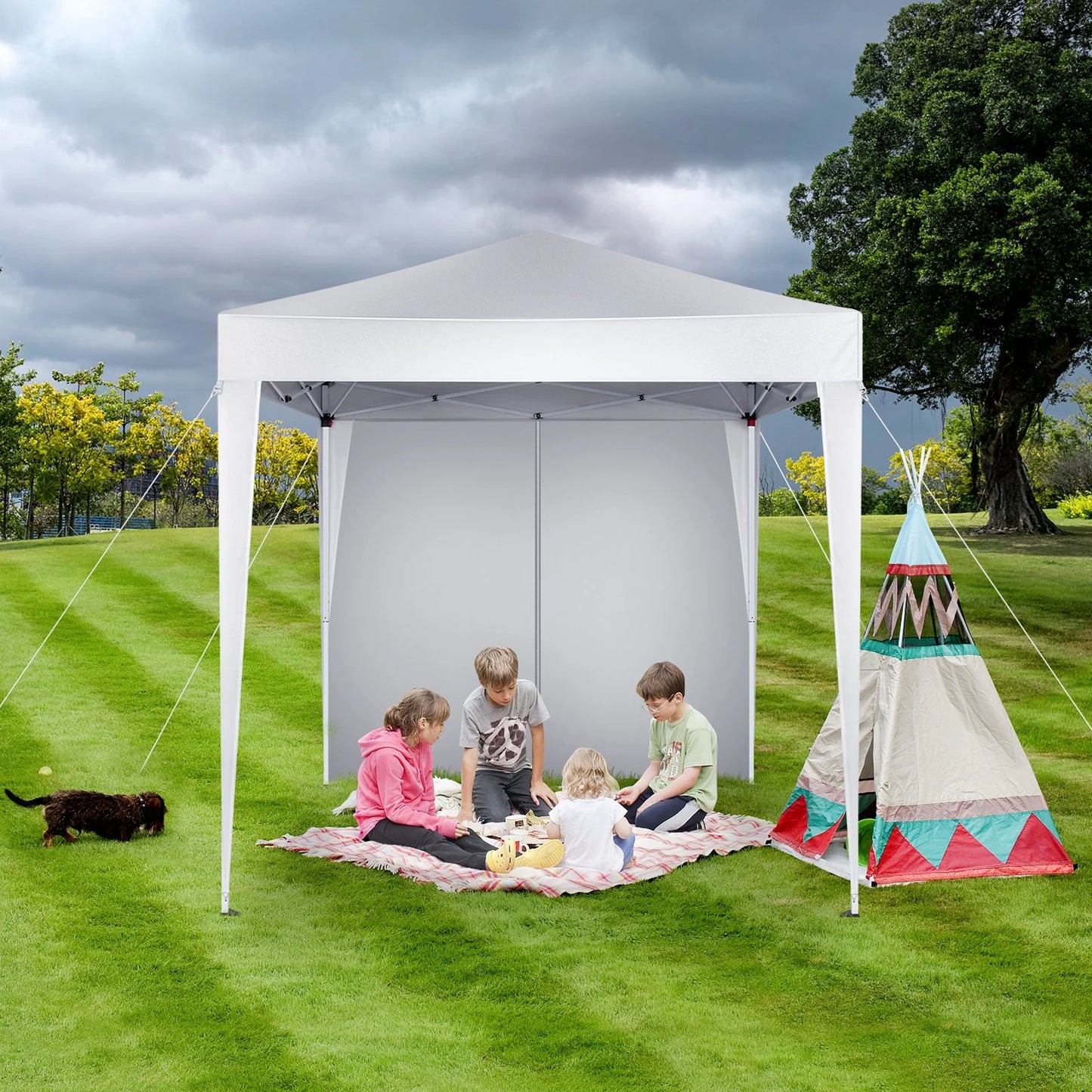 Outdoor Canopy Tent Pop Up with 4 Sidewalls 6.5x6.5 ft, Patio Portable Canopies Shelter Heavy Duty Straight Legs with Roller Bag, 8 Stakes, 4 Ropes, White