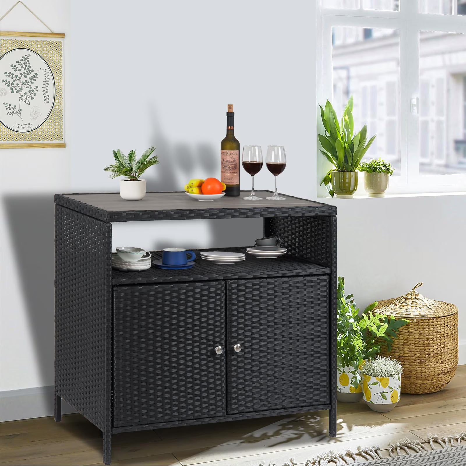 M optimized Patio Outdoor Wicker Storage Cabinet with Shelf, Patio Bar Table with 2-Door and Shelf, All Weather Resin Wicker, Patio Pool Garden Kitchen