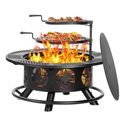 MistMo 36 inch Round Fire Pit with Grills, Wood Burning Fire Pits with Metal Lid for Outside Bonfire Outdoor Patio and Party
