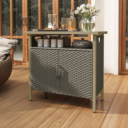 Dextrus Outdoor Patio Wicker Bar Counter Table, Wicker Storage Cabinet with with 2 Doors and Shelves, Wicker Bar Table,Deck Box - Brown