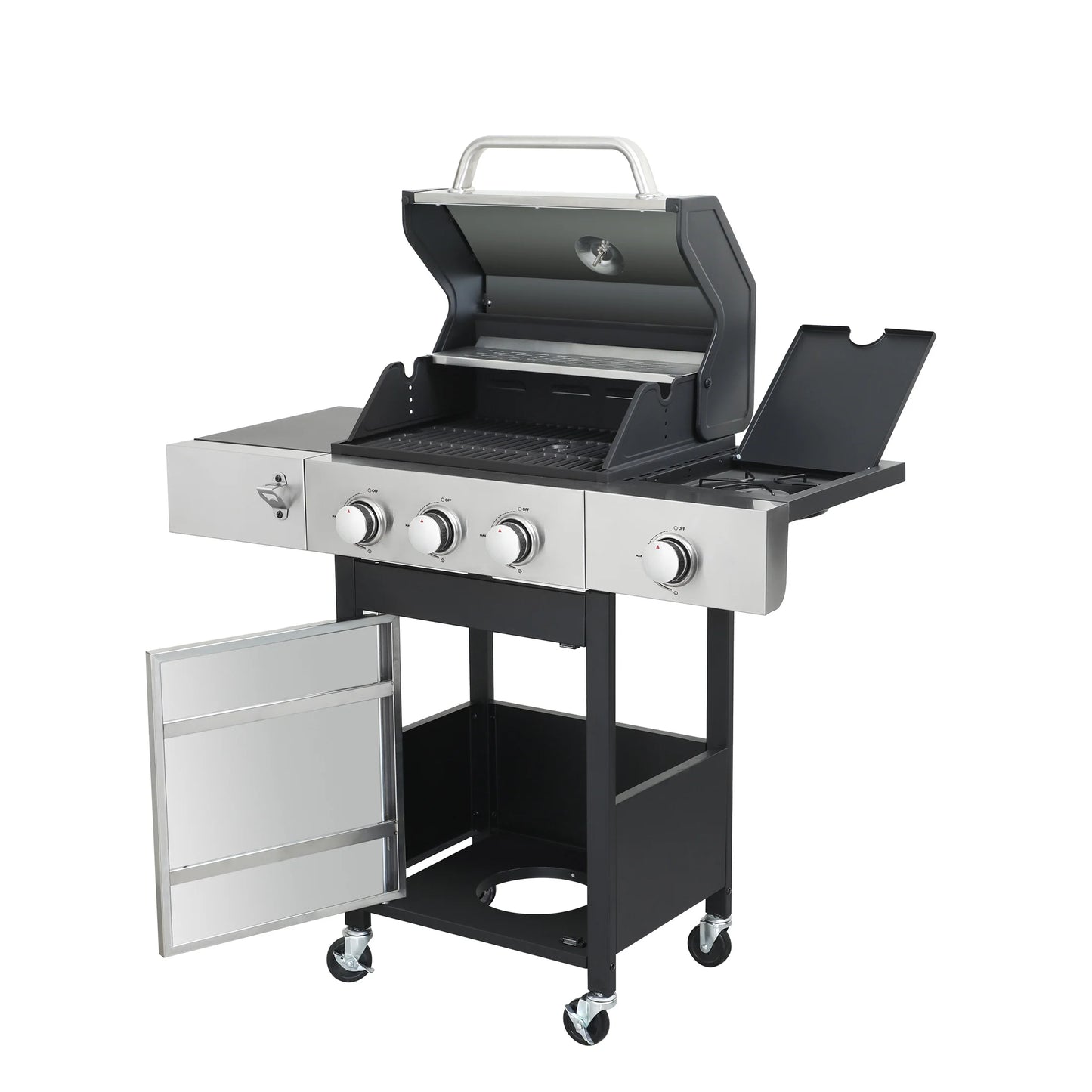 3-Burner Gas Grill with Side Burner, 37230 BTU Propane BBQ Grill with Porcelain-Enameled Cast Iron Grates, Build in Thermometer, Ideal for Patio Camping Outdoor Cooking