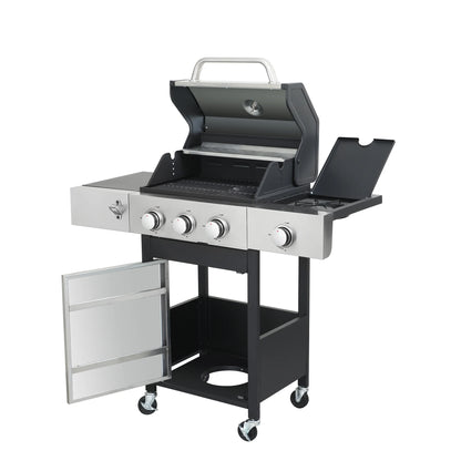 3-Burner Gas Grill with Side Burner, 37230 BTU Propane BBQ Grill with Porcelain-Enameled Cast Iron Grates, Build in Thermometer, Ideal for Patio Camping Outdoor Cooking