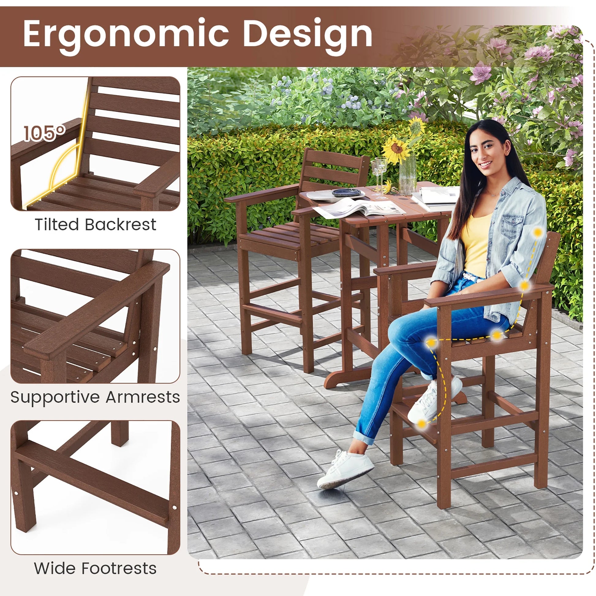 Gymax Patio Bar Stools Set of 4 Tall Adirondack Chair w/Backrest Armrests & Footrests Brown