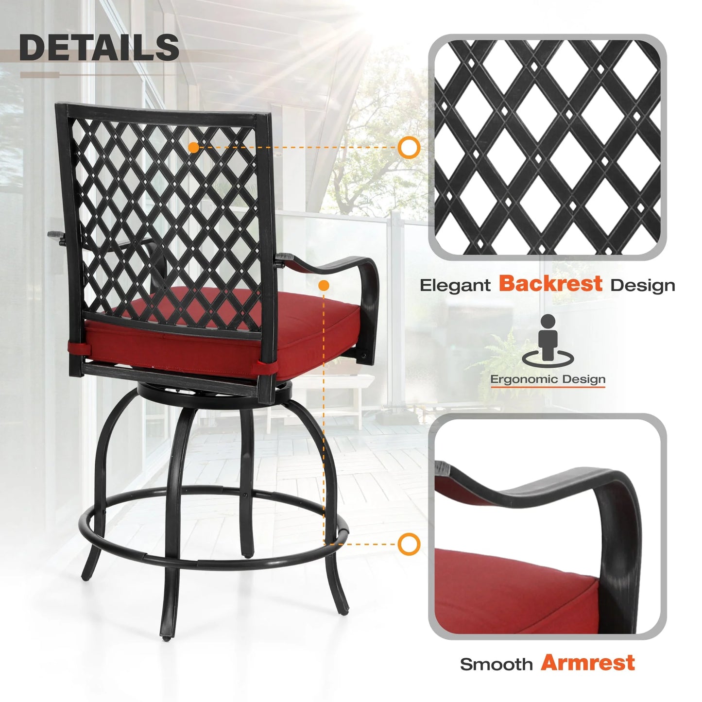 Sophia & William 3 Piece Outdoor Patio Swivel Bar Stools Set & Height Table Backyard Furniture Bistro Set, Red