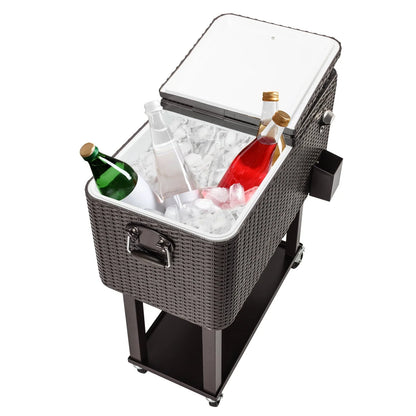 UWR-Nite 80 Quart Rolling Ice Chest on Wheels, Portable Patio Party Bar Drink Cooler Cart, with Shelf, Beverage Pool with Bottle Opener, Water Pipe