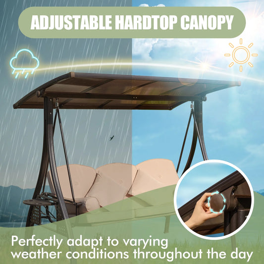 3-Seat Patio Porch Swing with Adjustable Hardtop,3 in 1 Convertible Outdoor Porch Swing for Adults,Patio Swing with Thicken Cushion,Pillows & Cup Holders for Porch,Backyard,Garden (Wine Red)