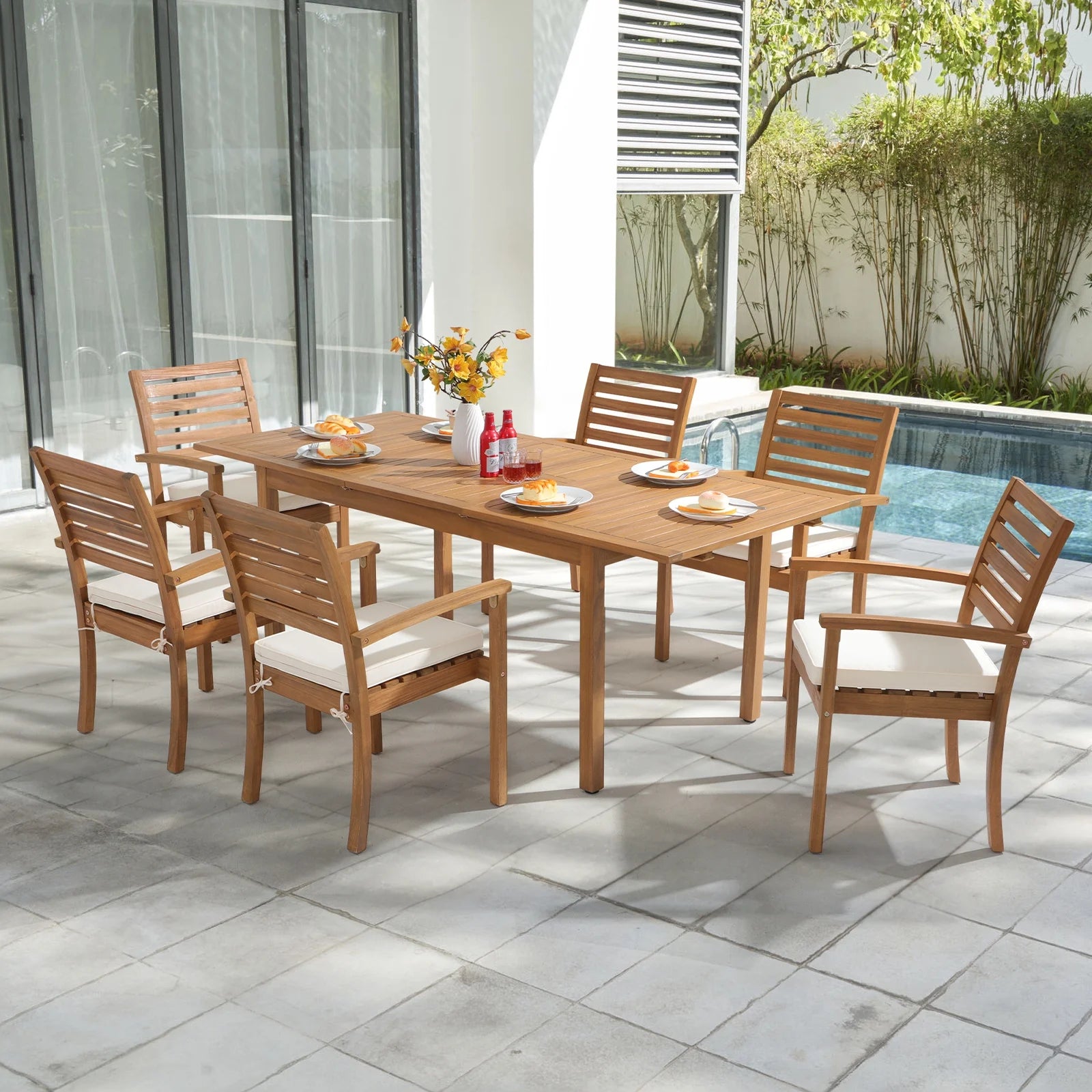 7 Piece Patio Dining Set, Outdoor Acacia Wood Furniture Set, Extendable Rectangular Table and 6 Stackable chairs w/Removeable Fabric Cushion, FSC Certified, for Deck Garden Backyard