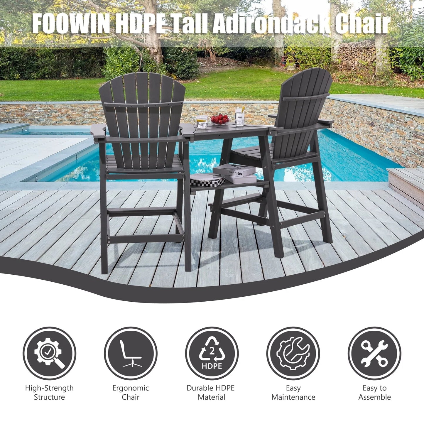 Tall Adirondack Chairs Set of 2,Outdoor Adirondack Barstools with Double Connecting Tray Patio Stools Weather Resistant for Outdoor Deck Lawn Pool Backyard,Grey