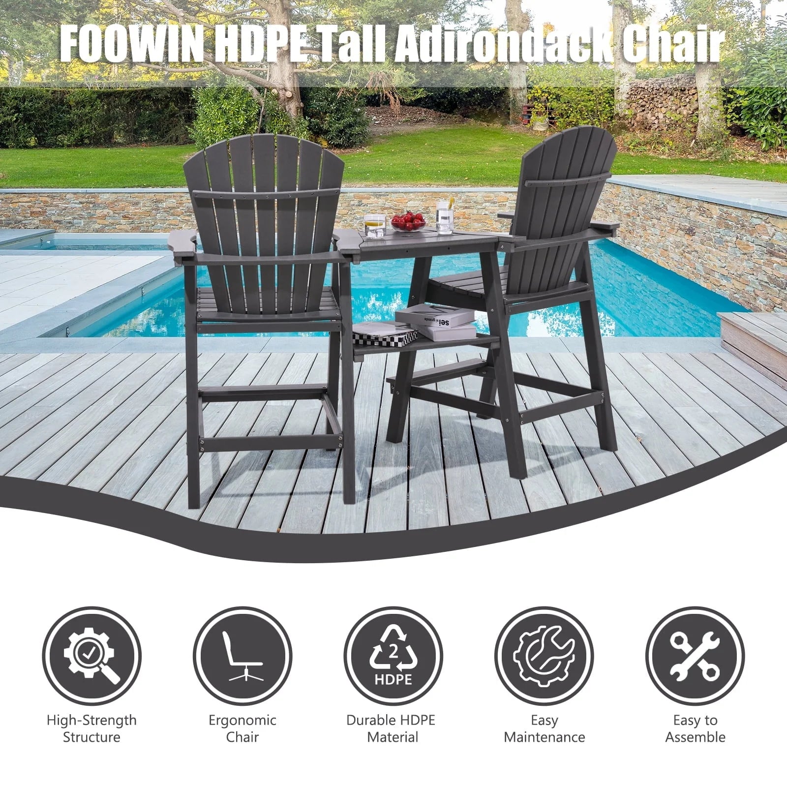 Tall Adirondack Chairs Set of 2,Outdoor Adirondack Barstools with Double Connecting Tray Patio Stools Weather Resistant for Outdoor Deck Lawn Pool Backyard,Grey