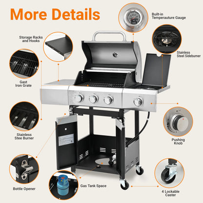Seizeen 40,500 BTU Propane Gas Grill with Side Burner, Stainless Steel 3 Burner Barbecue Grill Portable on Wheels, with Bottle Opener, for Camping Patio Outdoor Cooking