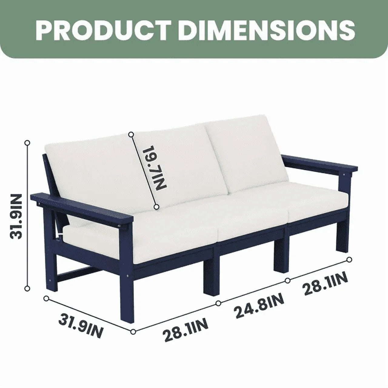 JUSTLET HDPE Patio Sofa Set, All Weather Outdoor Patio Furniture Set, 3-Seater Couch,2 Armchair,1 Side Table,1 Coffee Table, Navy Frame with Khaki Cushion