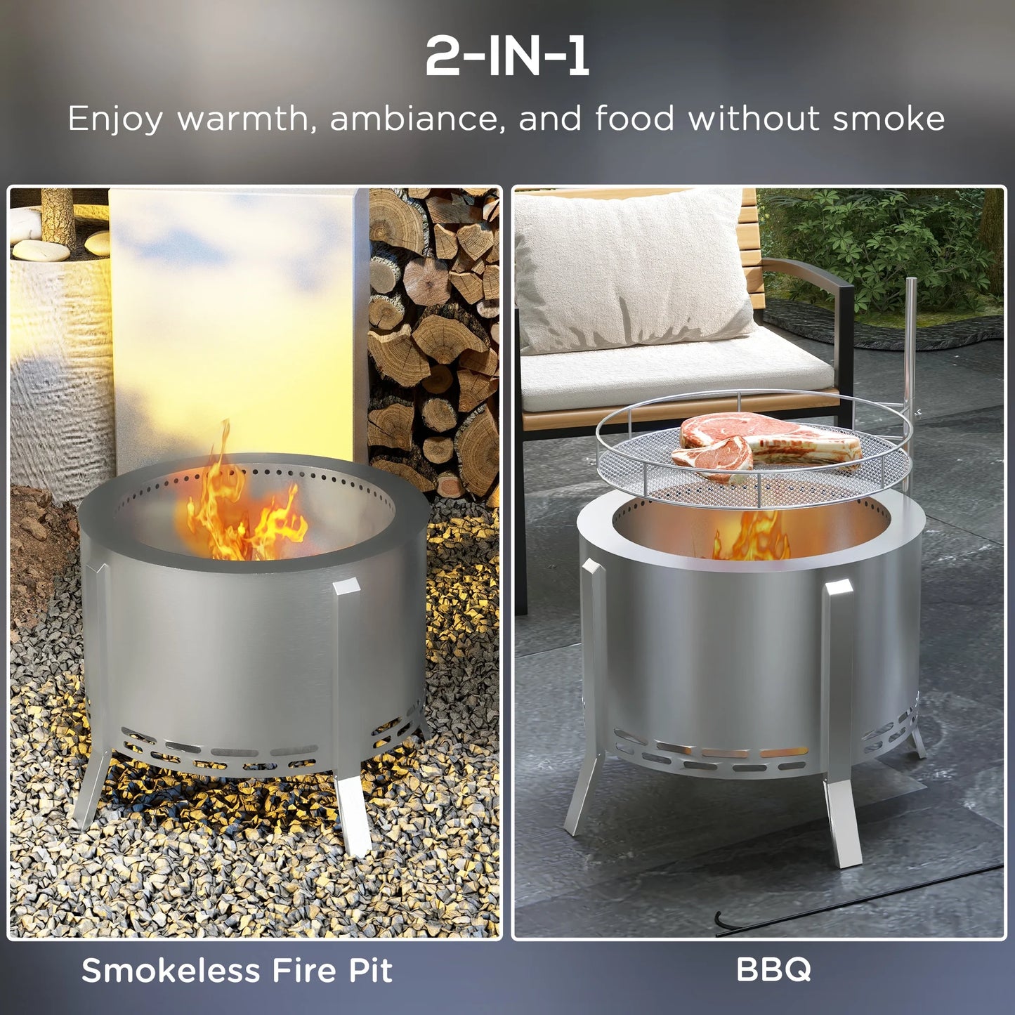 BBQ Utensils Outsunny 2-in-1 Smokeless Fire Pit, BBQ Grill, 19" Portable Wood Burning Firepit with Cooking Grate and Poker, Low Smoke Camping Bonfire Stove for Backyard Patio Picnic, Stainless Steel,