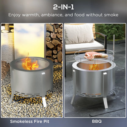 BBQ Utensils Outsunny 2-in-1 Smokeless Fire Pit, BBQ Grill, 19" Portable Wood Burning Firepit with Cooking Grate and Poker, Low Smoke Camping Bonfire Stove for Backyard Patio Picnic, Stainless Steel,