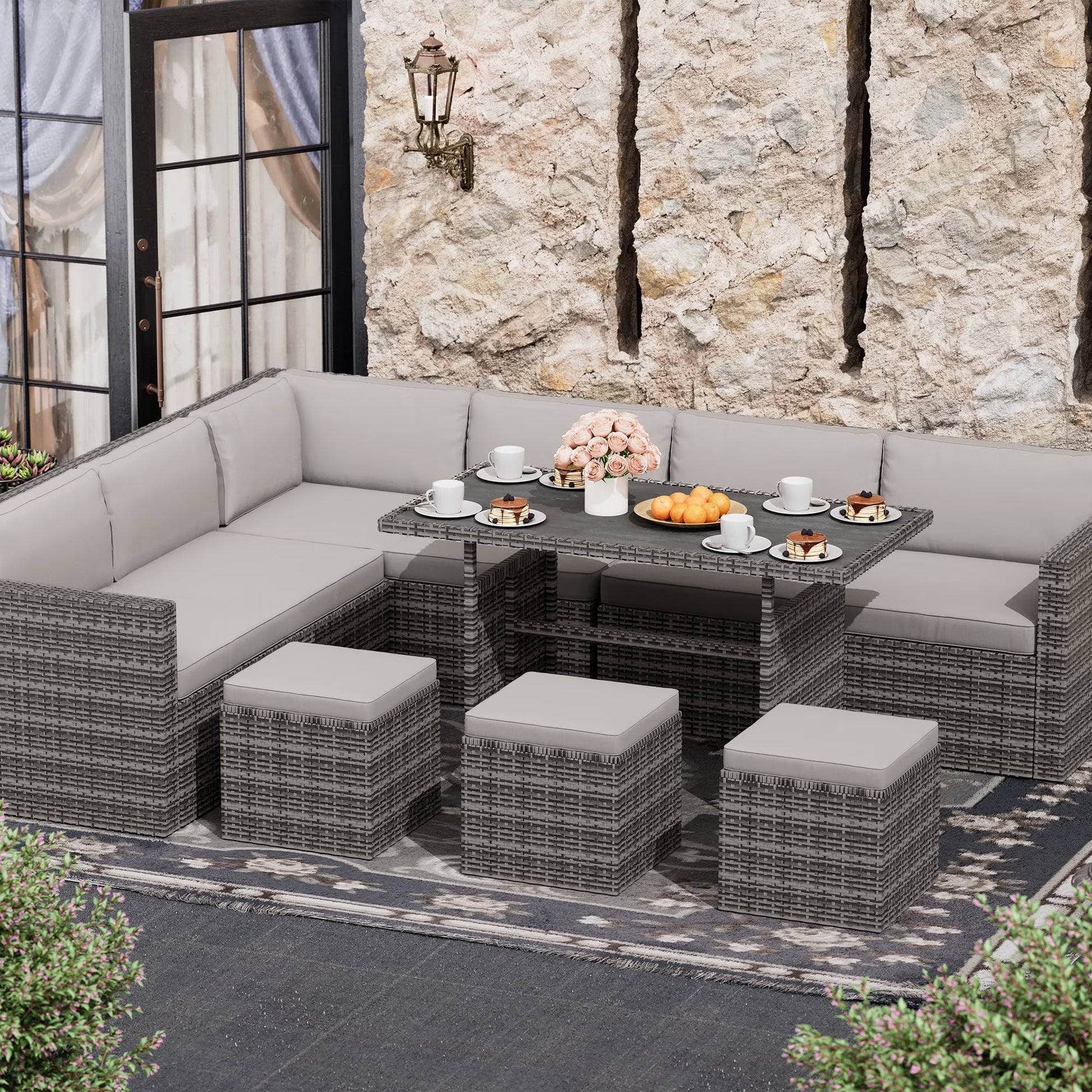 Bifanuo 7 Piece Patio Furniture Set, Outdoor Furniture Patio Sectional Sofa, All Weather PE Rattan Outdoor Sectional with Beige Cushions and Table, Black Wicker