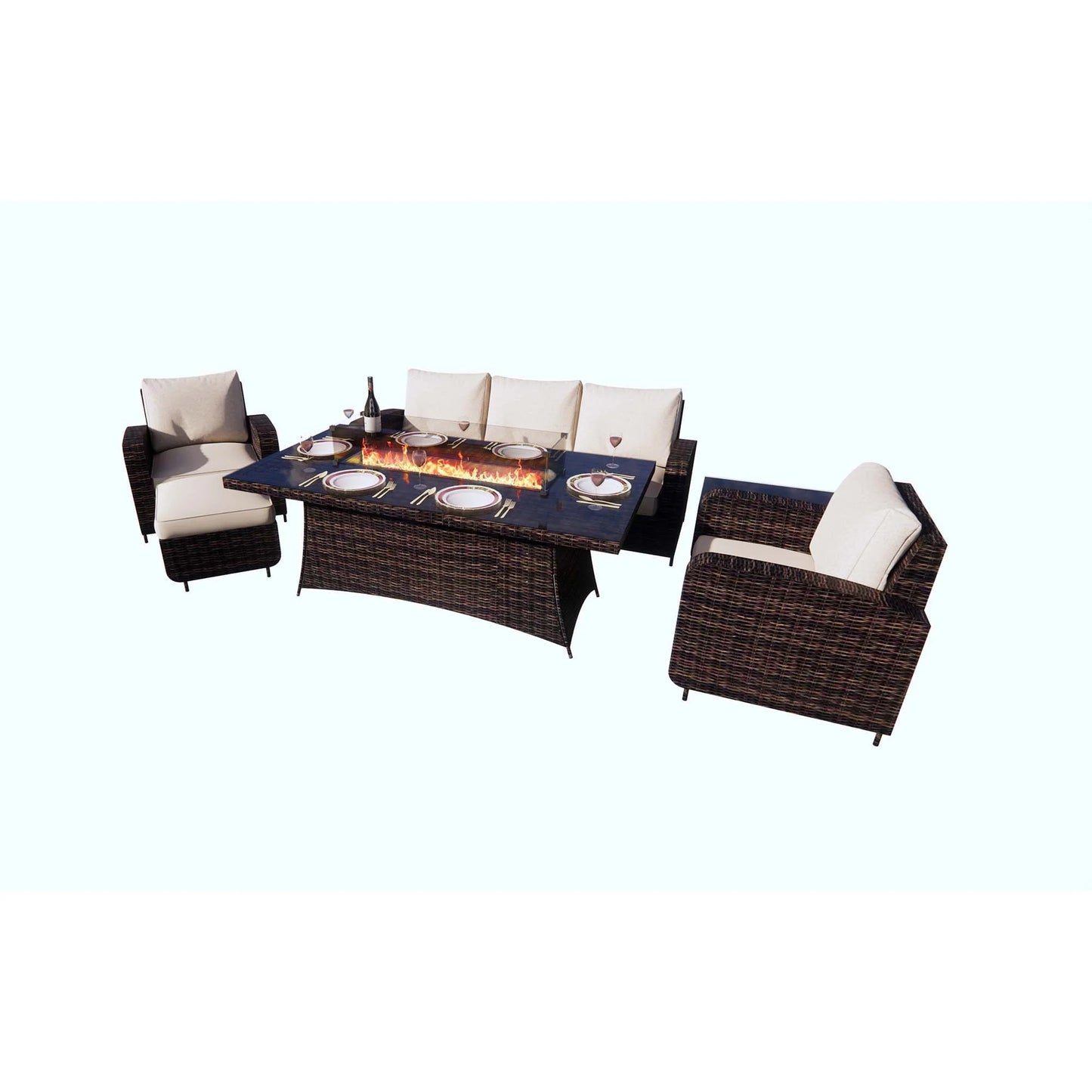 Direct Wicker 6-Piece Outdoor Patio Furniture Set with 72" Gas Propane Fire Pit Table Rattan Sectional Sofa Conversation Sets, Brown