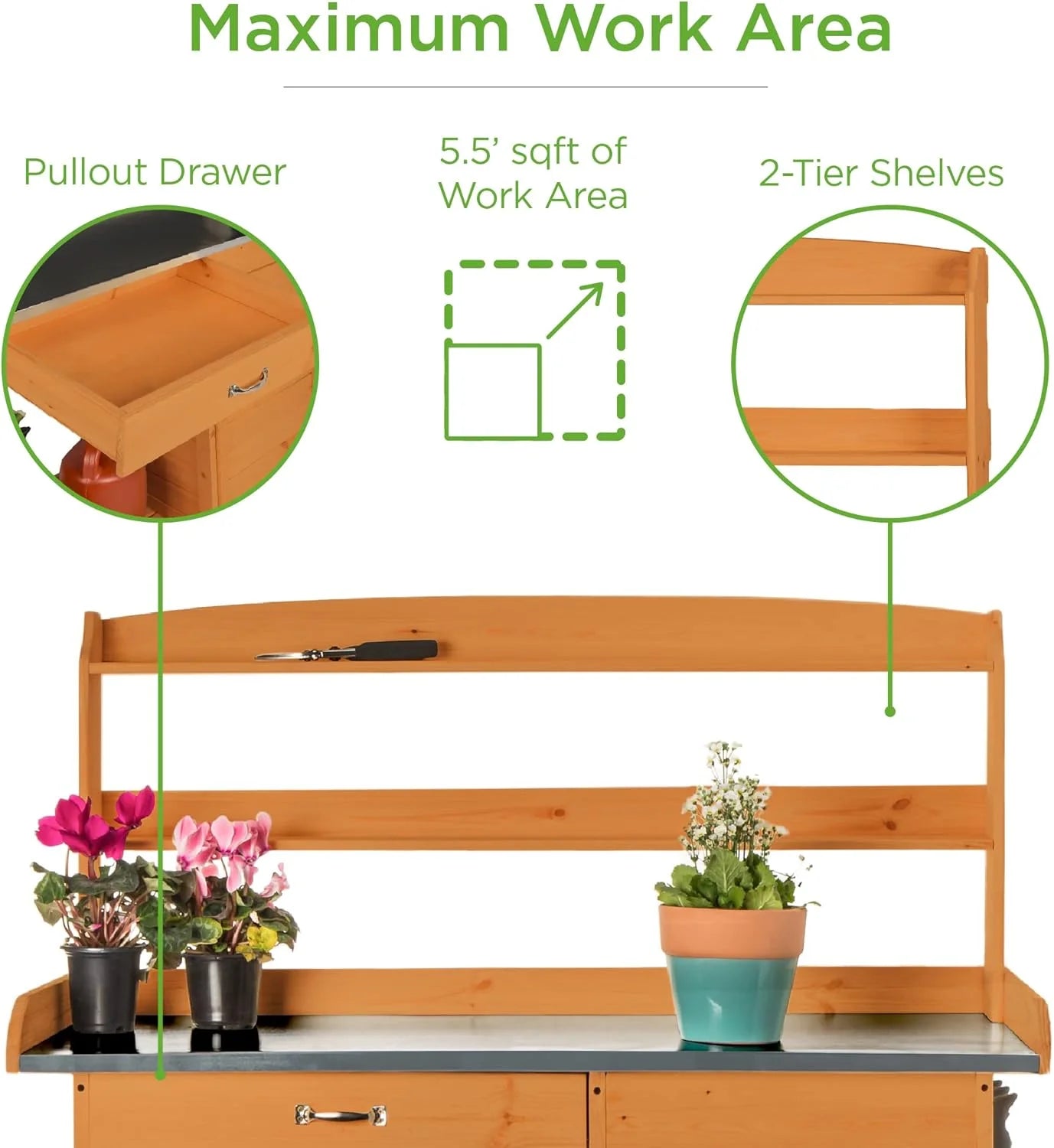 YUONAO Outdoor Garden Wooden Potting Bench with Metal Table Top, Pre-Stained Finish, Cabinet & Sliding Drawer - Storage Shelf for Backyard, Patio, Garden Use