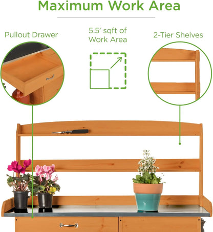 YUONAO Outdoor Garden Wooden Potting Bench with Metal Table Top, Pre-Stained Finish, Cabinet & Sliding Drawer - Storage Shelf for Backyard, Patio, Garden Use