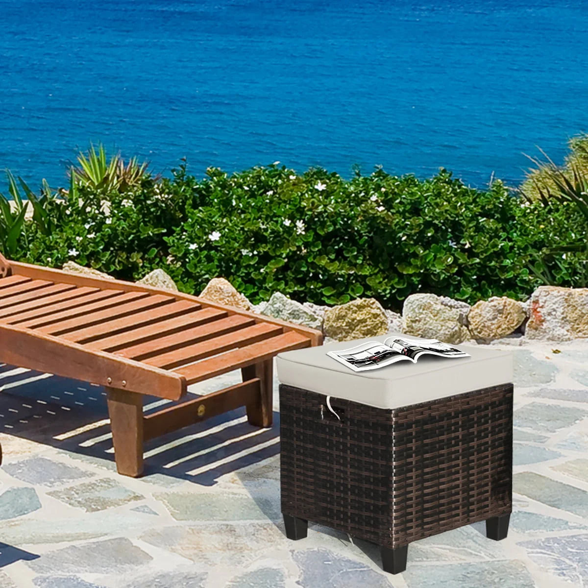 Gymax Set of 2 Patio Rattan Ottoman Footrest Garden Outdoor w/Brown Cushion