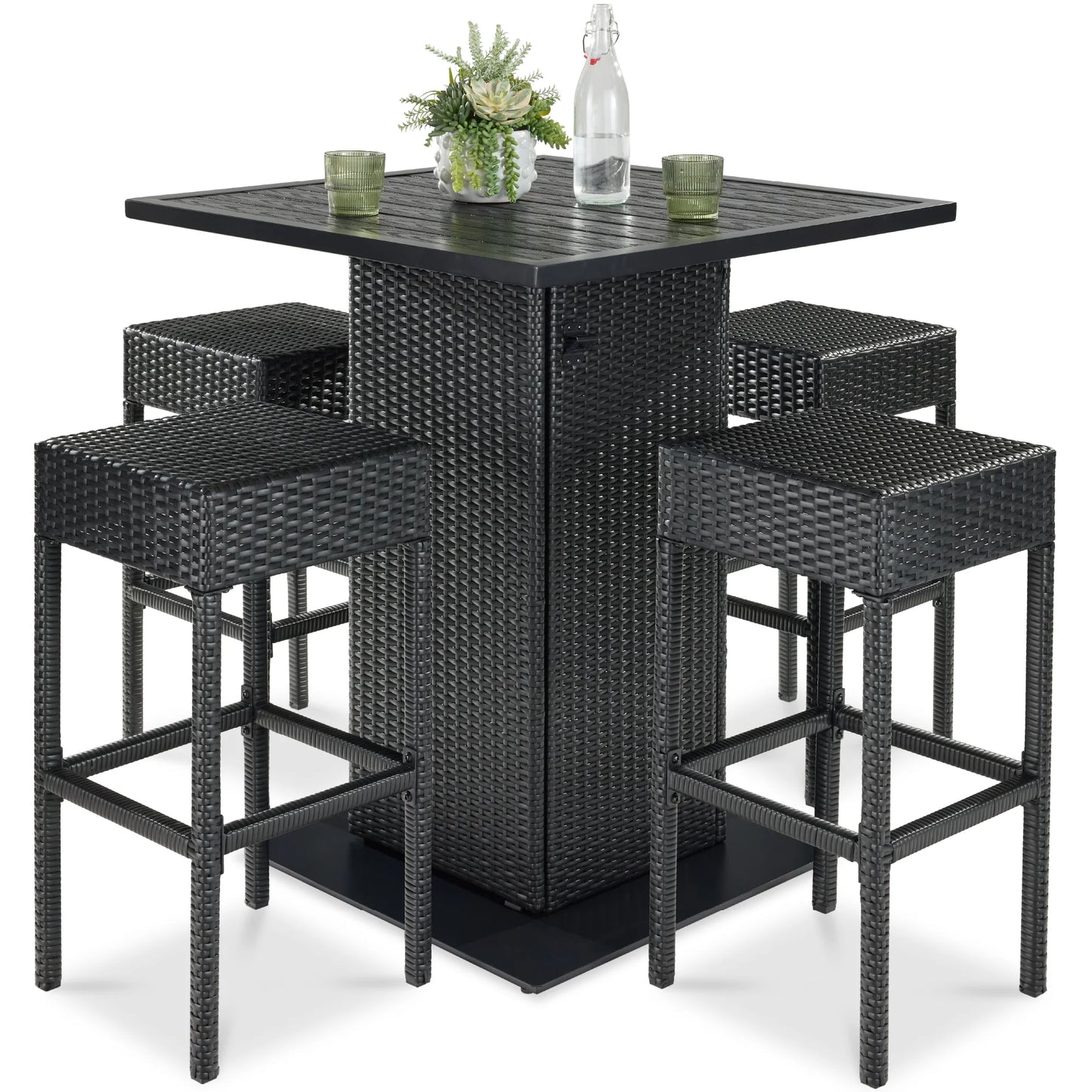 Best Choice Products 5-Piece Patio Wicker Bar Set w/Built-In Bottle Opener, Hidden Storage Shelf, 4 Stools - Brown