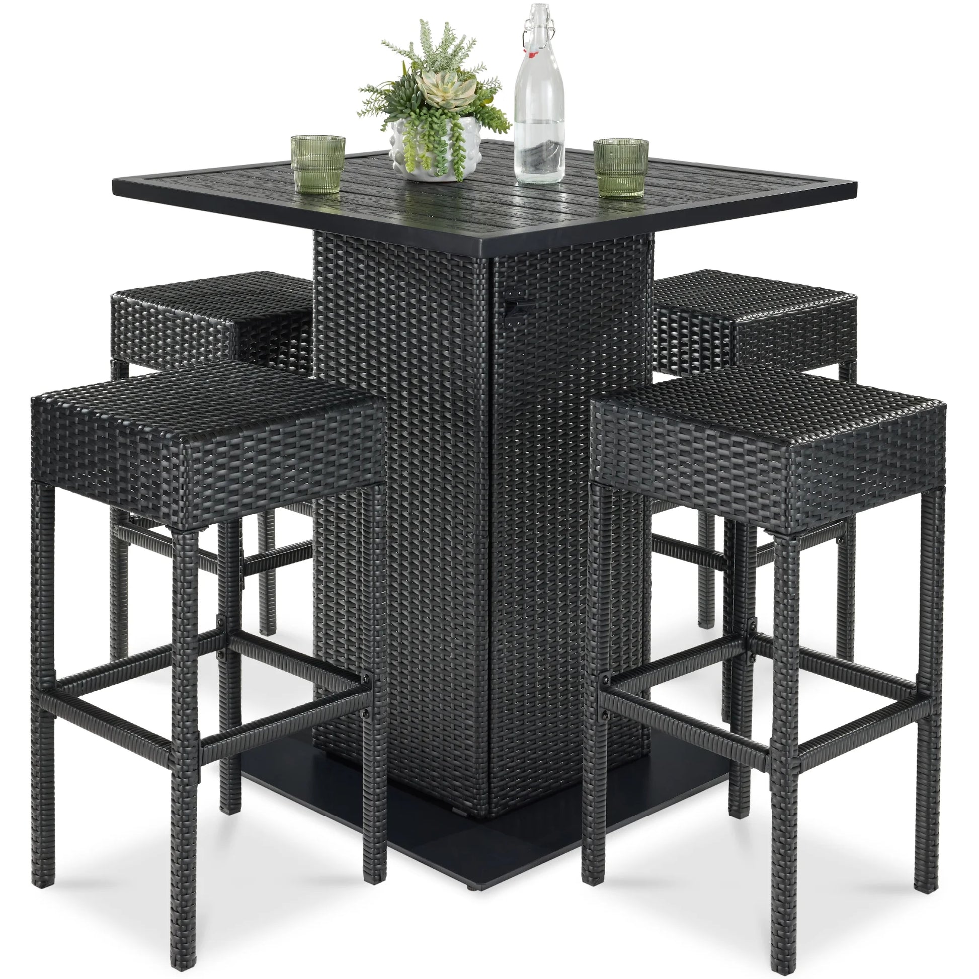 Best Choice Products 5-Piece Patio Wicker Bar Set w/Built-In Bottle Opener, Hidden Storage Shelf, 4 Stools - Brown
