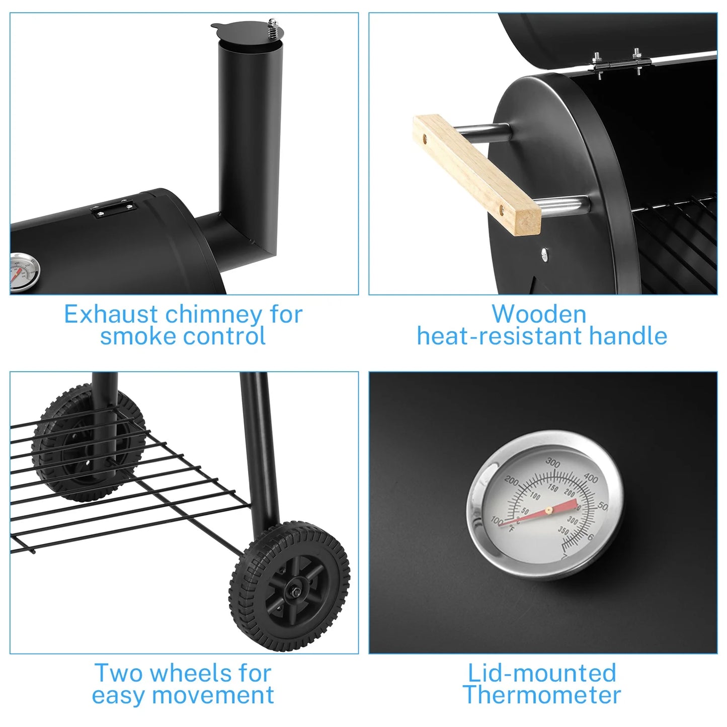 Segmart BBQ Charcoal Grill, 45.28-inch Length Portable Barbecue Grill, Offset Smoker Barbecue Oven with Wheels & Thermometer for Outdoor Picnic Camping Patio Backyard