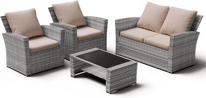 ELPOSUN Wicker Patio Furniture Set, 4 Piece Outdoor Sectional Conversation Sets, Gray PE Rattan Patio Sofa Set for Balcony, Porch, Backyard, Grey