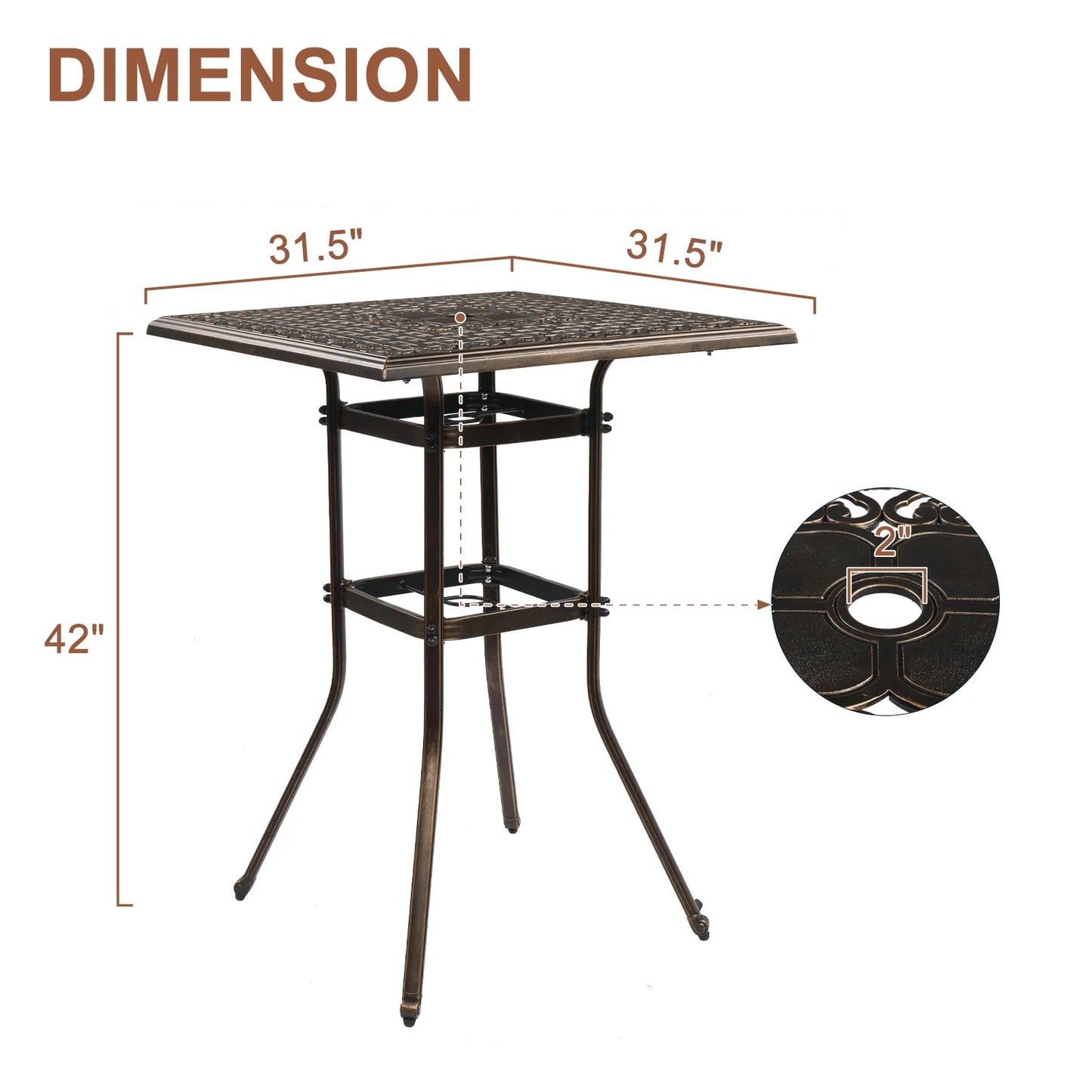 Ktaxon 31.5" Patio Bar Height Table, All-Weather Cast Aluminium Square Bar Bistro Table with 2" Umbrella Hole, Outdoor Tall Table for Porch Balcony Backyard Garden, Antique Bronze