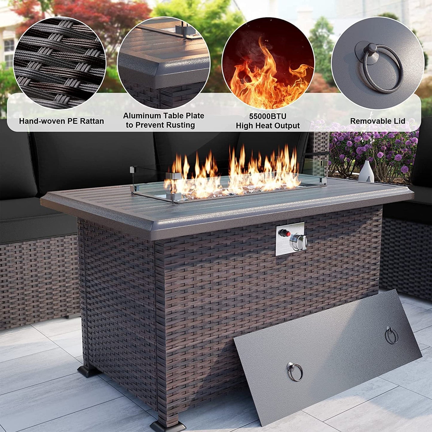 Gotland 13 Pieces Outdoor PE Rattan Wicker Patio Furniture Set with 43" Fire Pit Table Outdoor Steel