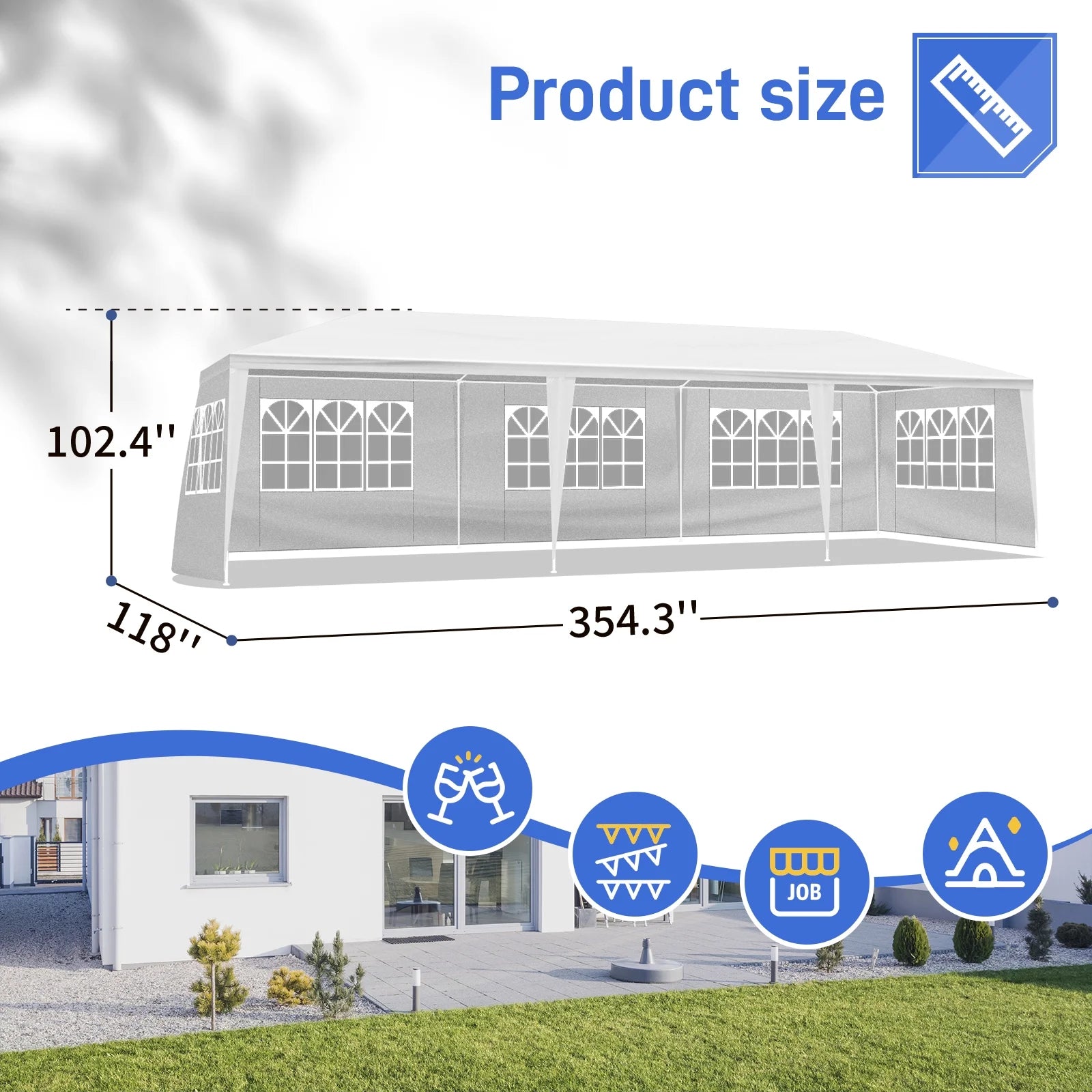10'x30' White Outdoor Party Tent Gazebo - Waterproof PE Canopy with 8 Removable Sidewalls & Windows, Heavy Duty Iron Frame for Weddings, Events, Patios & Backyards