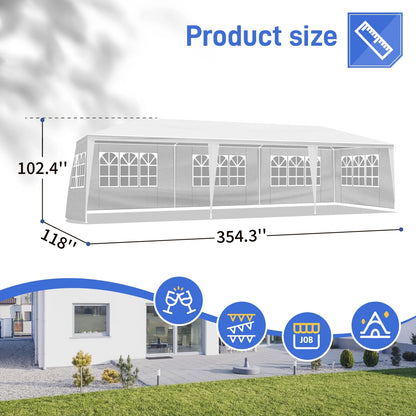 10'x30' White Outdoor Party Tent Gazebo - Waterproof PE Canopy with 8 Removable Sidewalls & Windows, Heavy Duty Iron Frame for Weddings, Events, Patios & Backyards