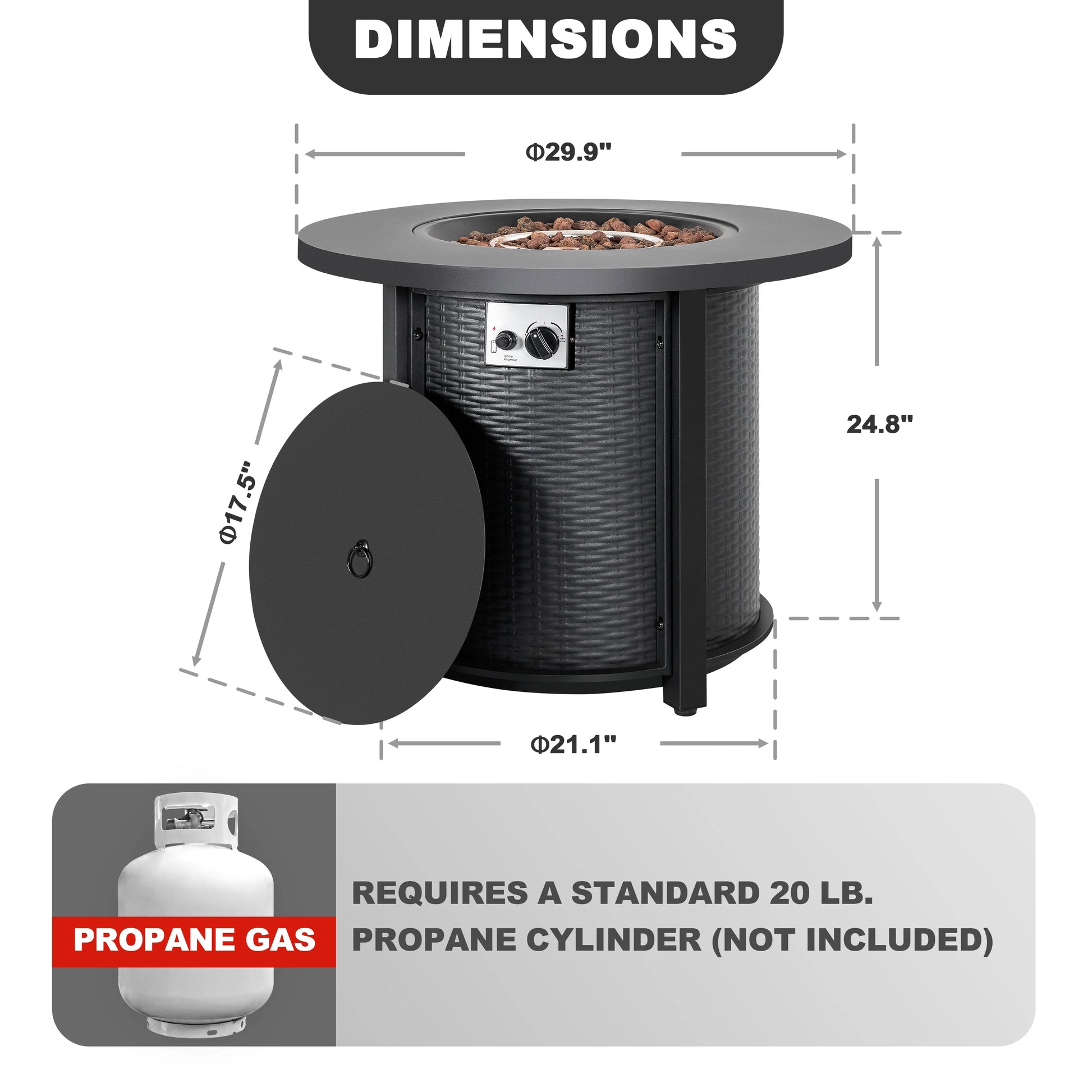 Nuu Garden Outdoor Metal 30'' Round Propane Fire Pit Table with Rattan Embossed Pattern, CSA-Certified 2 in 1 Round Gas Fire Pit Table with Lid & Lava Rocks, Patio Round Gas Fire Pit, Black