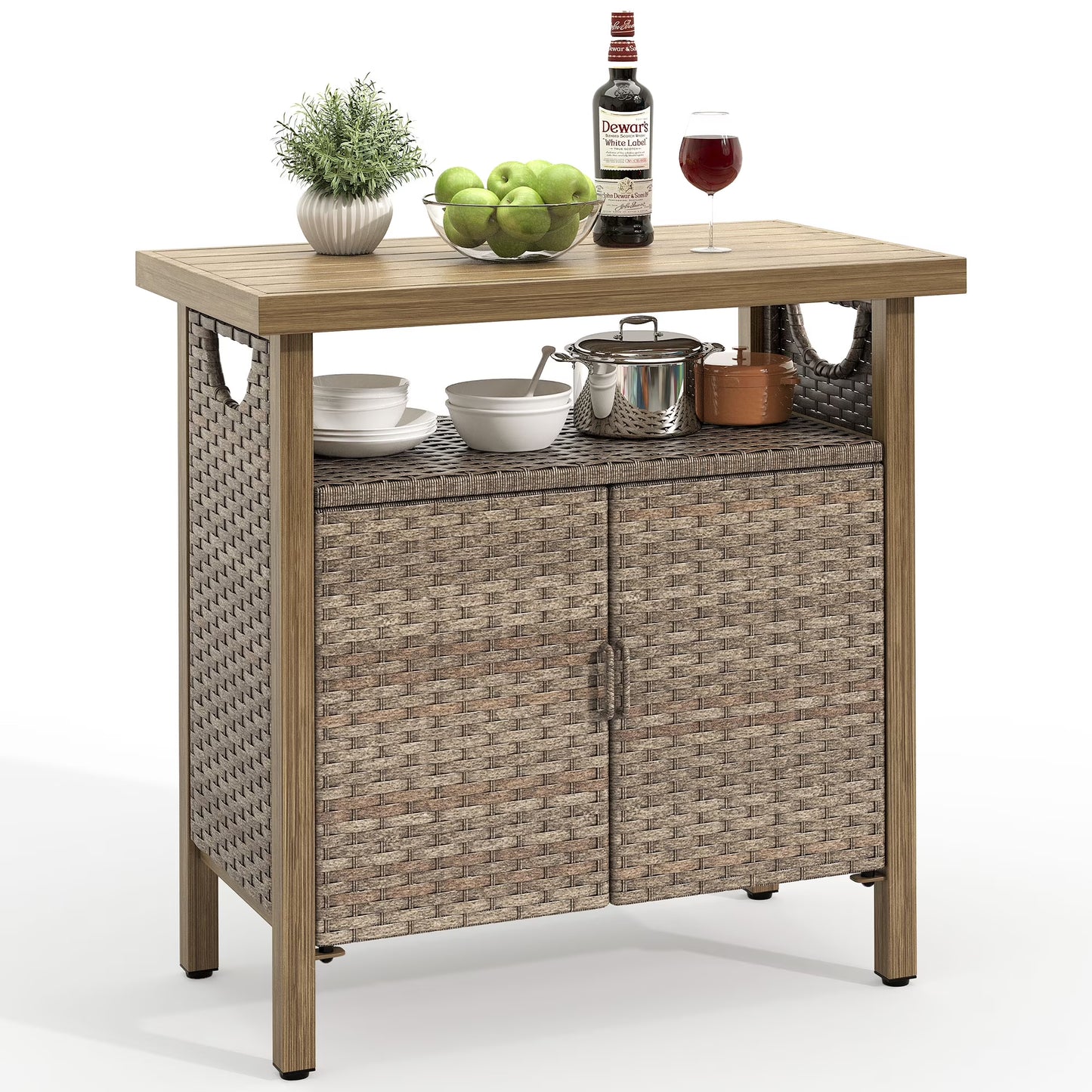 DWVO Outdoor Garden Patio Wicker Storage Cabinet with with 2 Doors and Shelves, Wicker Bar Table, Rattan Counter Table,Deck Box - Brown