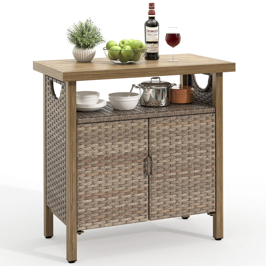 DWVO Outdoor Garden Patio Wicker Storage Cabinet with with 2 Doors and Shelves, Wicker Bar Table, Rattan Counter Table,Deck Box - Brown
