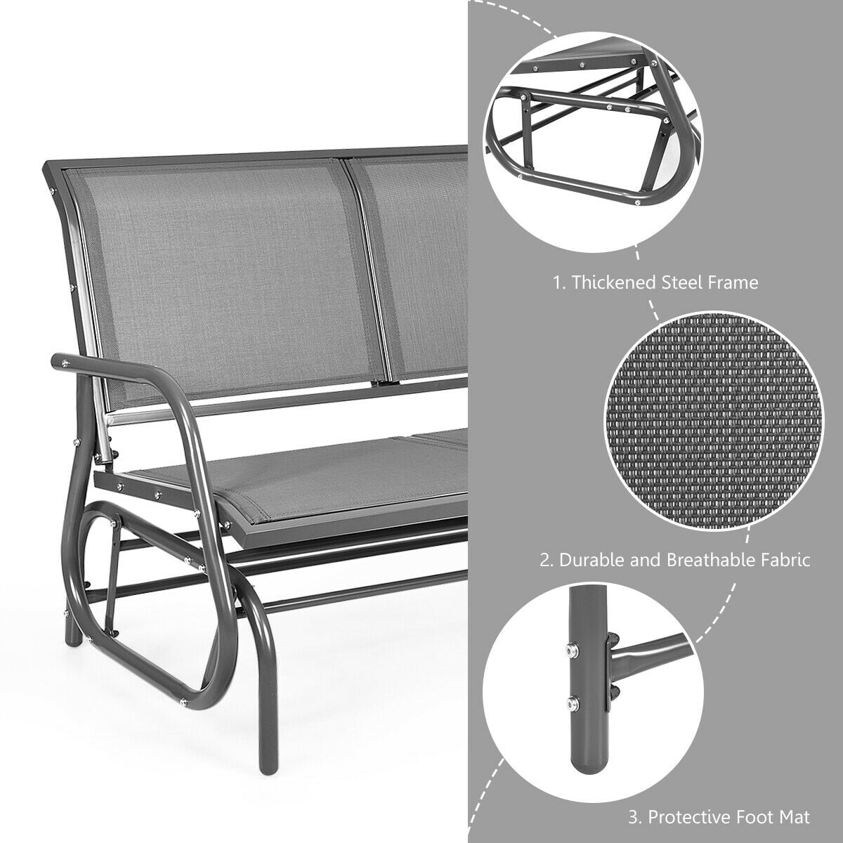 Gymax 48'' Outdoor Patio Swing Glider Bench Chair Loveseat Rocker Lounge Backyard Grey