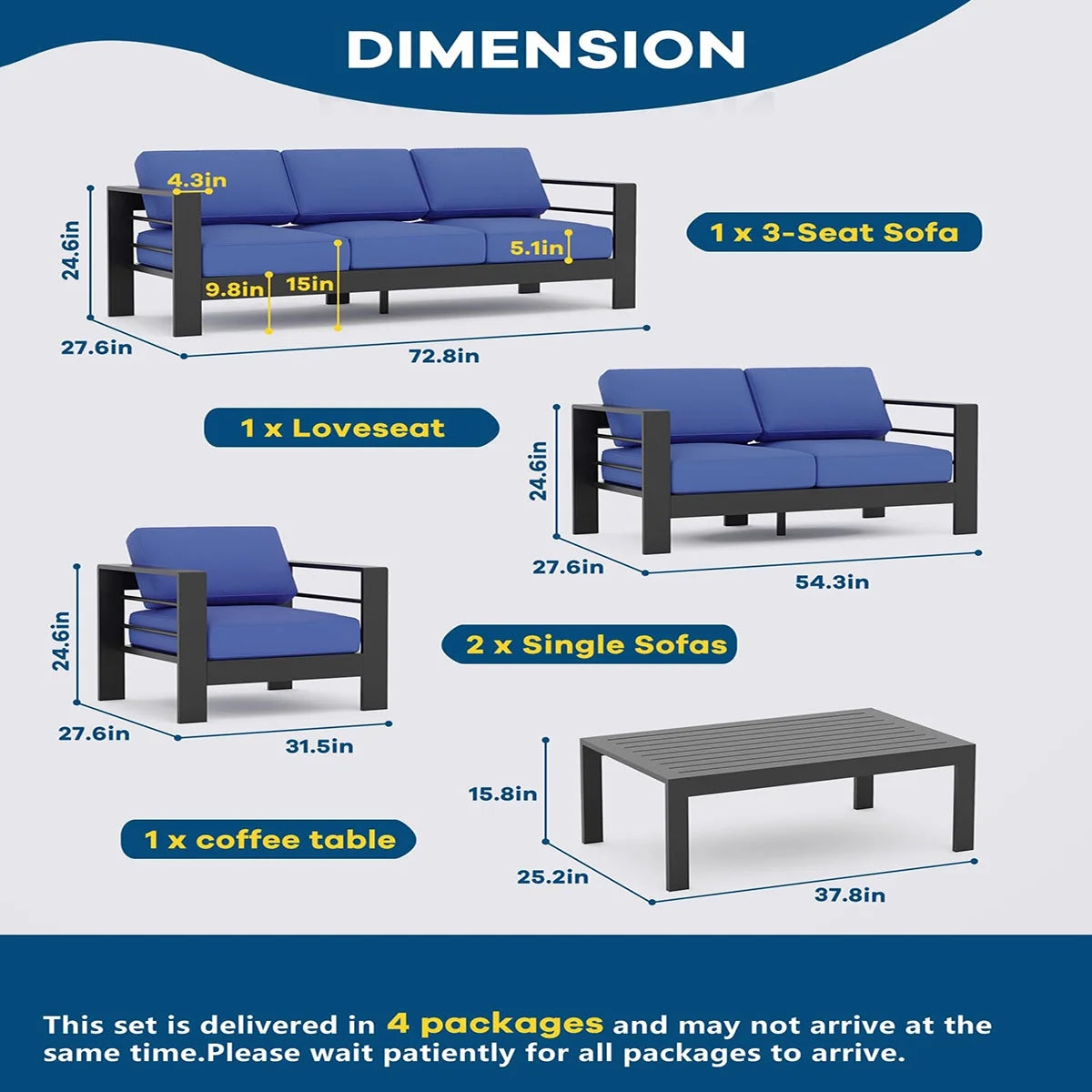 Ataucjin 5 Pieces Aluminum Patio Furniture Set, Outdoor Sectional Conversation Set Sectional Sofa with 4" Armrest & 5" Thick Cushions & Coffee Tableship in 4 boxes