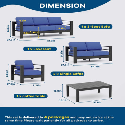 Ataucjin 5 Pieces Aluminum Patio Furniture Set, Outdoor Sectional Conversation Set Sectional Sofa with 4" Armrest & 5" Thick Cushions & Coffee Tableship in 4 boxes