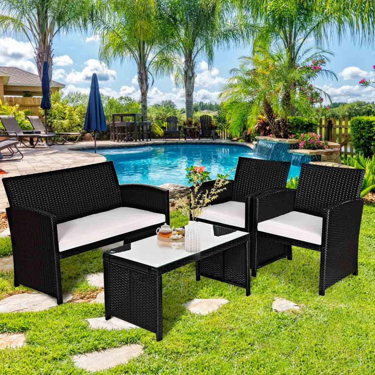 Gymax 4PCS Rattan Patio Conversation Set Outdoor w/Coffee Table Cushioned Sofa