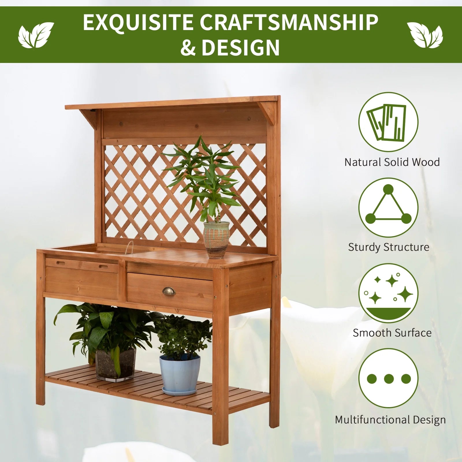 Outsunny Garden Potting Bench, Outdoor Wooden Workstation Table w/Metal Screen, Drawer, Hooks, Storage Shelf, and Lattice Back for Patio and Porch
