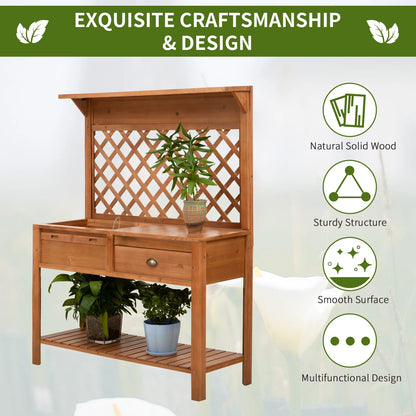 Outsunny Garden Potting Bench, Outdoor Wooden Workstation Table w/Metal Screen, Drawer, Hooks, Storage Shelf, and Lattice Back for Patio and Porch